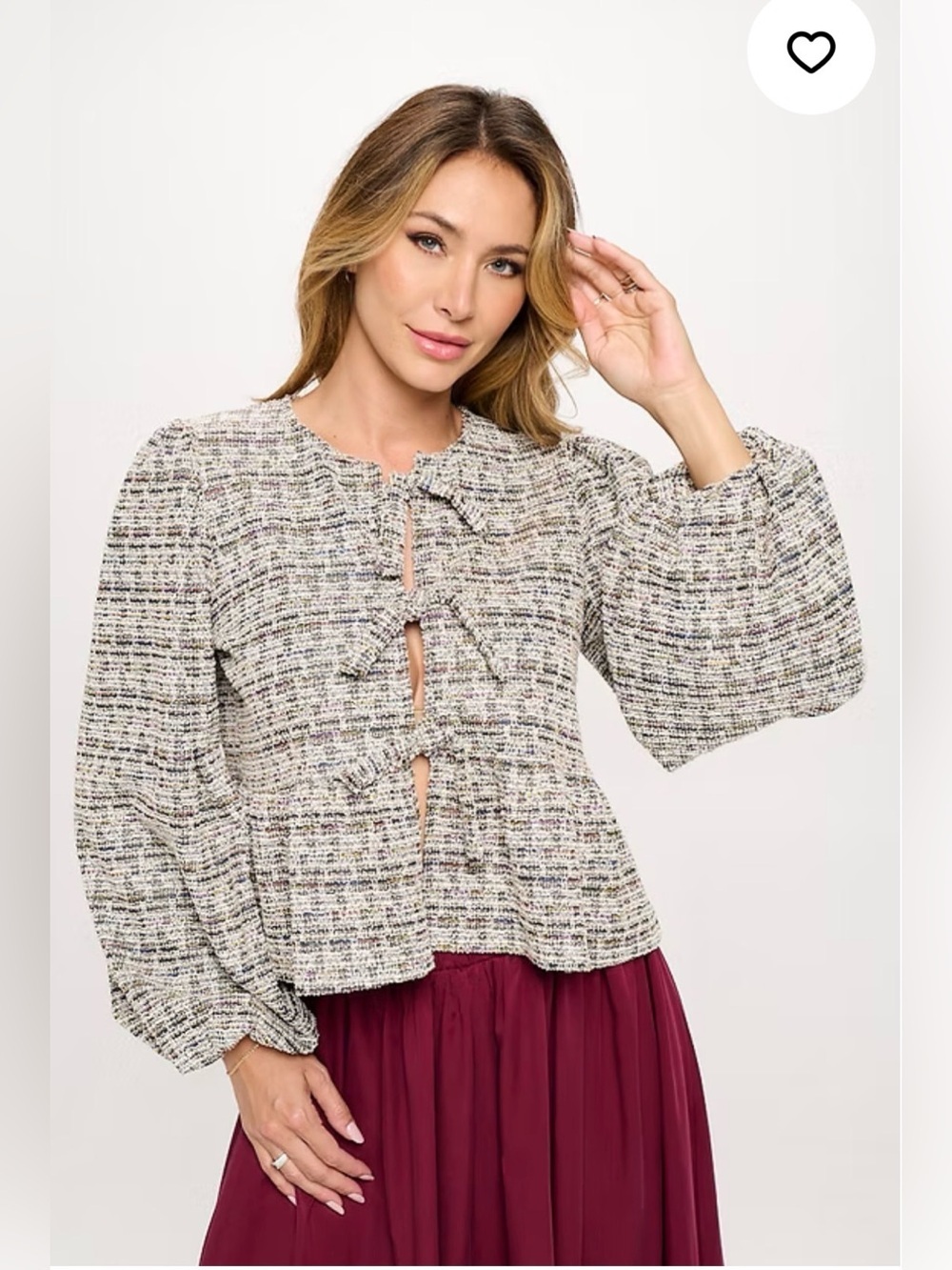 Textured Knit Long Balloon Sleeve Top with Open Front Tie Detail